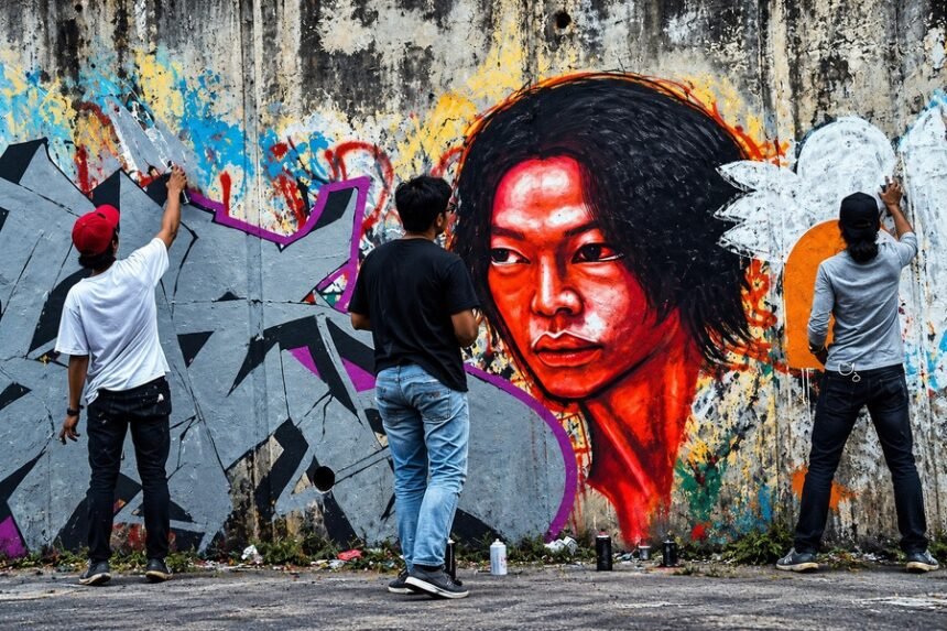 Tiga seniman sedang membuat mural bergambar potret wajah berwarna merah dan grafiti pada dinding beton perkotaan.