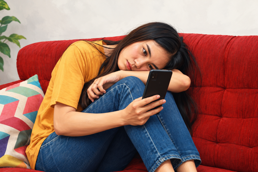 Perempuan duduk di sofa merah sambil menatap ponsel dengan ekspresi sedih