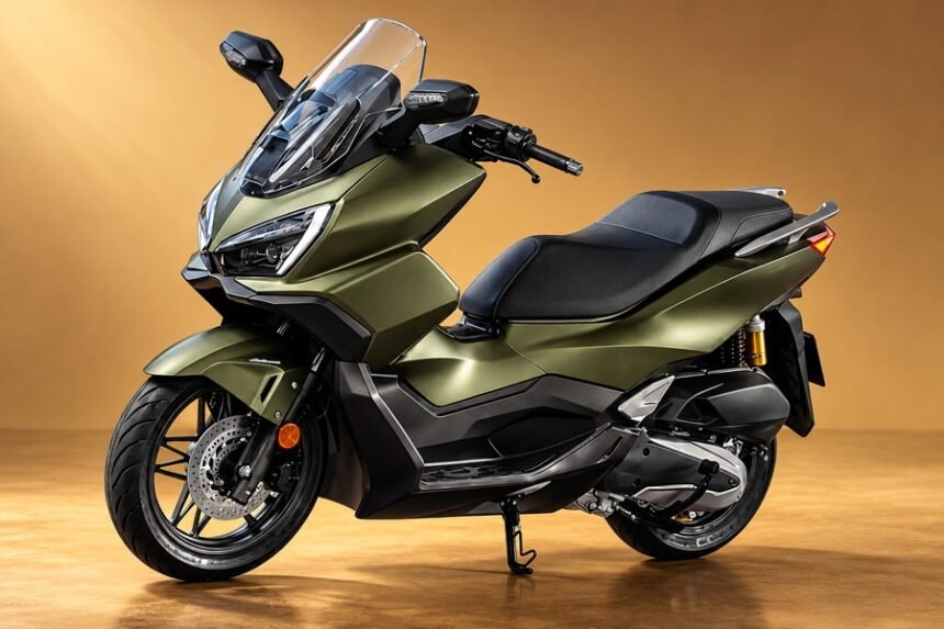 Ilustrasi motor skutik maxi warna hijau army dengan desain bodi sporty, windshield tinggi, jok lebar, dan rem cakram.