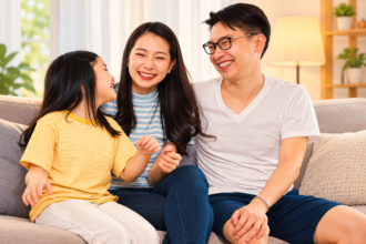 Orang tua dan anak perempuan tertawa bersama di sofa saat menghabiskan waktu bersama keluarga.