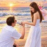 Ilustrasi pasangan romantis saat pria melamar wanita dengan buket bunga di tepi pantai Salin
