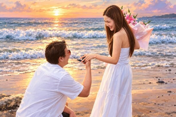 Ilustrasi pasangan romantis saat pria melamar wanita dengan buket bunga di tepi pantai Salin