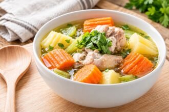 Sup ayam dengan wortel, kentang, dan sayuran dalam kuah bening hangat